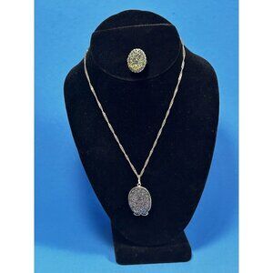Milor Italy Signed 925 silver necklace with Druzy pendant matching ring Vtg